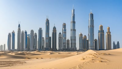 Dubai skyline with desert adventure and luxury travel elements